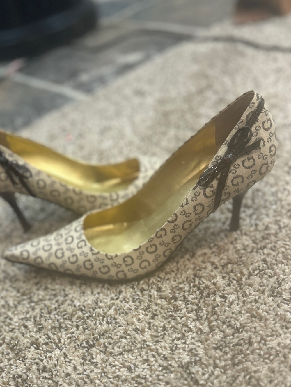 Guess Beige Logo Canvas Pumps with Brown Patent Bow